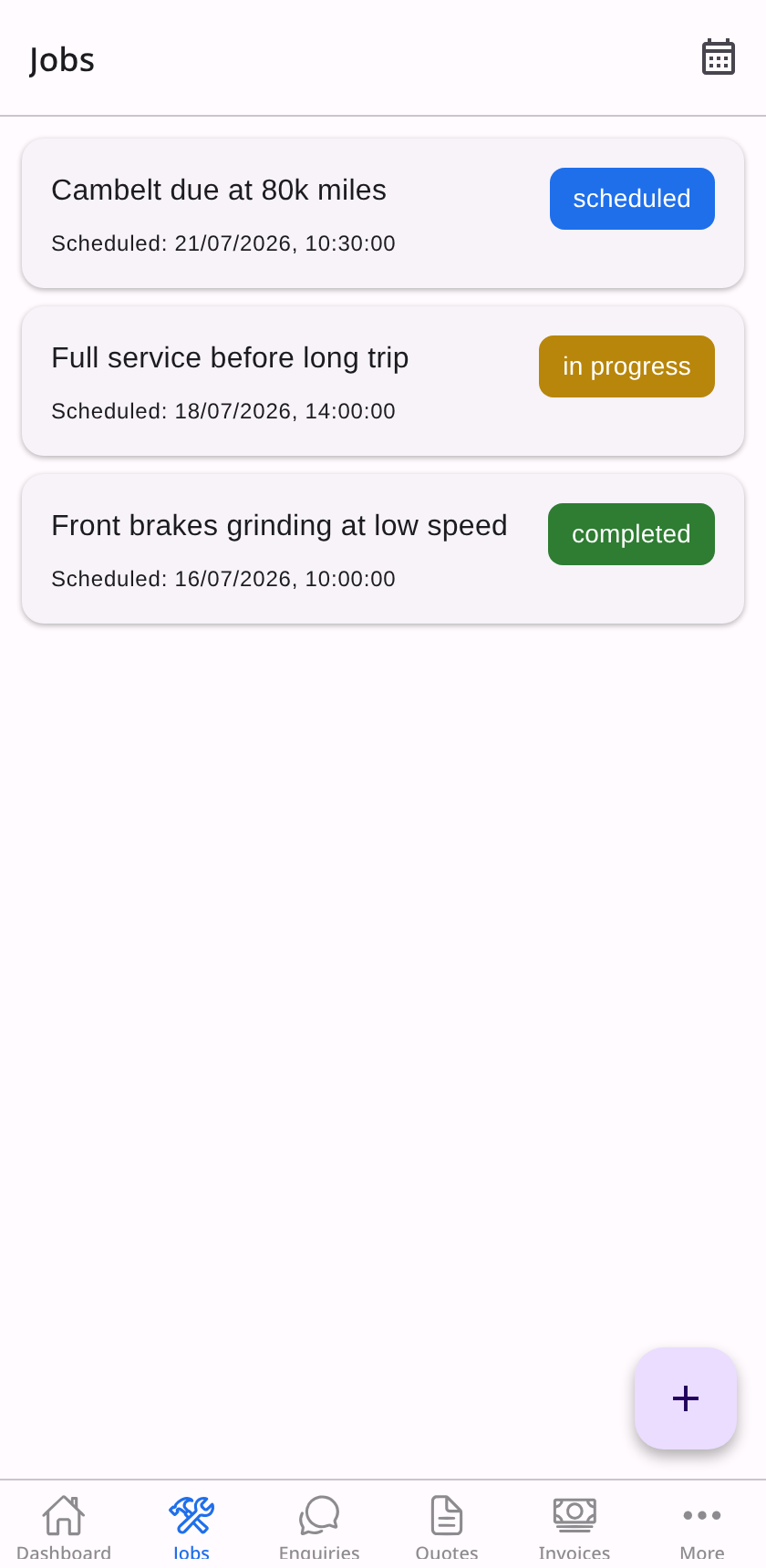 MechanoMan jobs list: three jobs titled by the work — cambelt replacement, full service and front brakes — with scheduled, in-progress and completed status chips