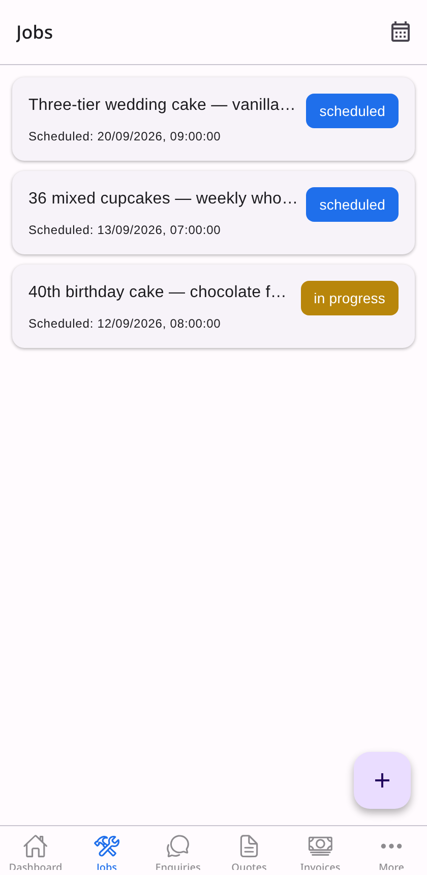 MechanoMan order book on a phone: a three-tier wedding cake, a weekly wholesale batch of 36 cupcakes and a 40th birthday cake, each with its collection date and a scheduled or in-progress status chip